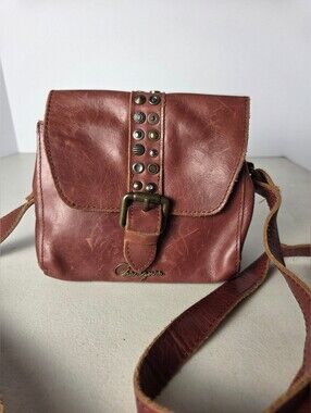Chevignon Brown Leather Bag Small Studded Crossbody Bohemian Buckle